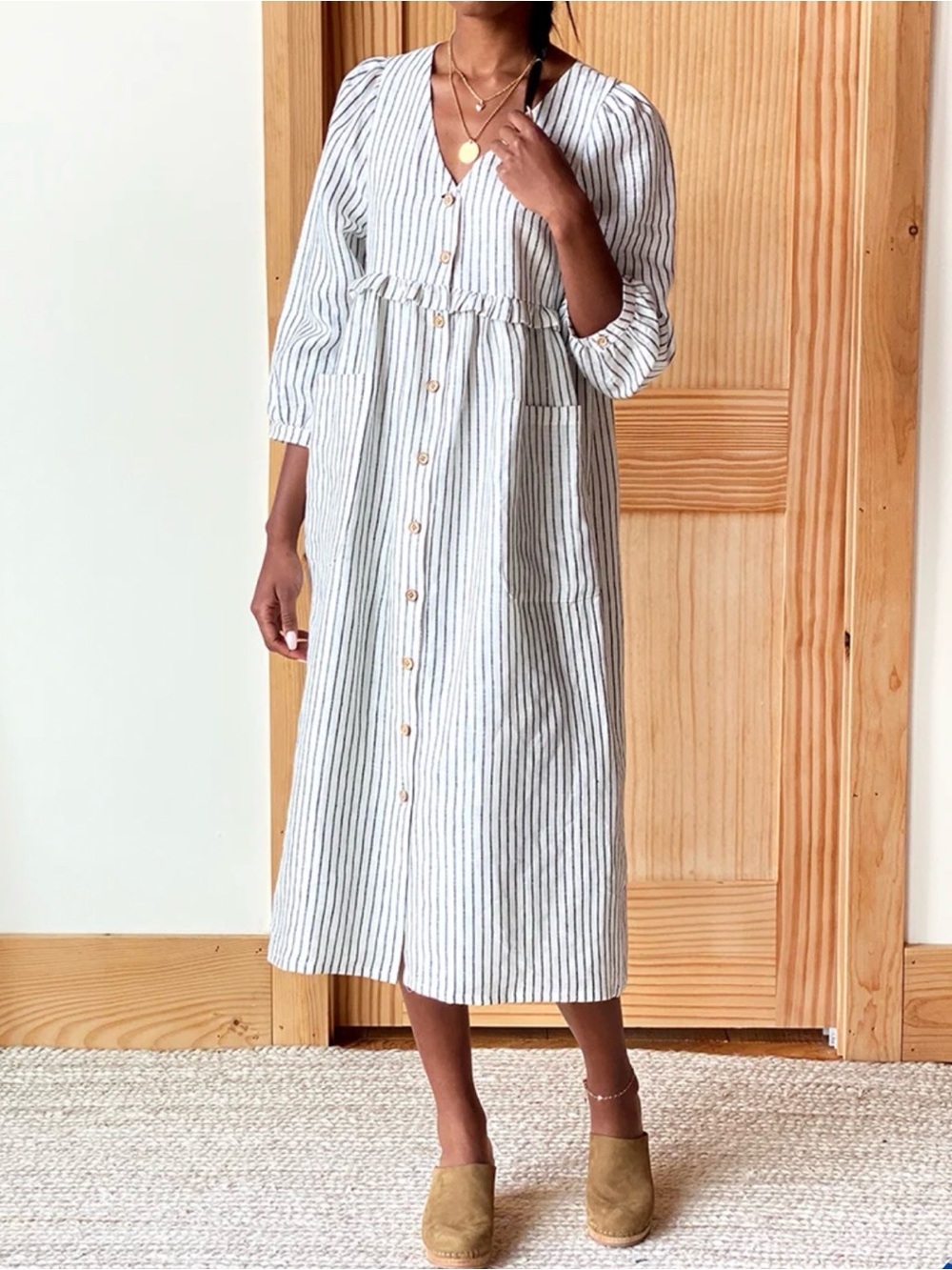 Emerson Fry Midi Stripes Ruffle Waist Dress size S
